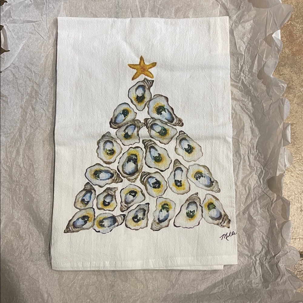 Lowcountry Linens Oyster Shell Tree Print Flour Sack Kitchen Towel-new